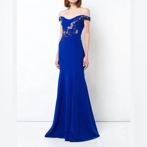 Marchesa Notte Blue Floral Embroidered Long Formal Evening Gown Dress